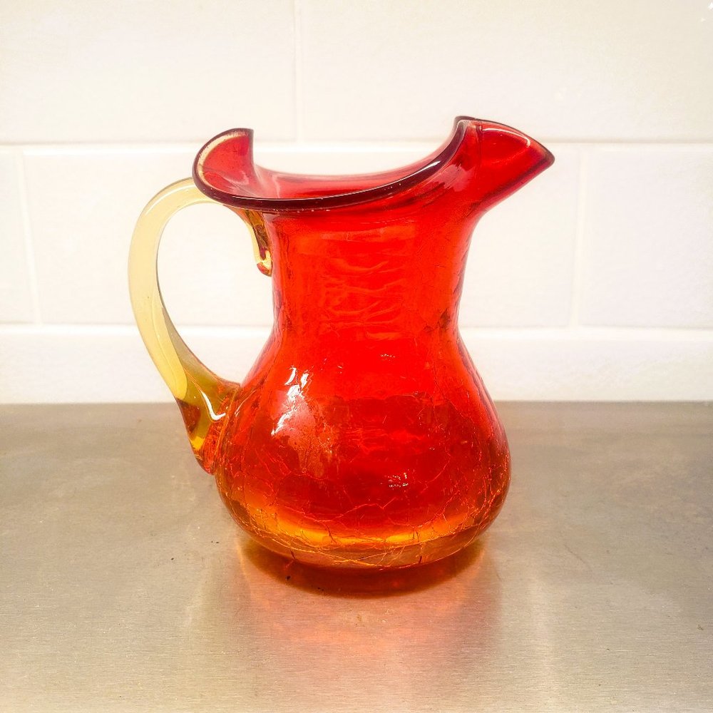 Red Orange Crackle Glass Pitcher Creamer Ombre Rainbow of Huntington WV Vintage